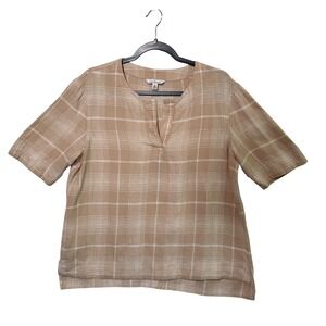 LL Bean Signature Plaid Linen Rayon Split Neck Top Womens Medium Beige Tan